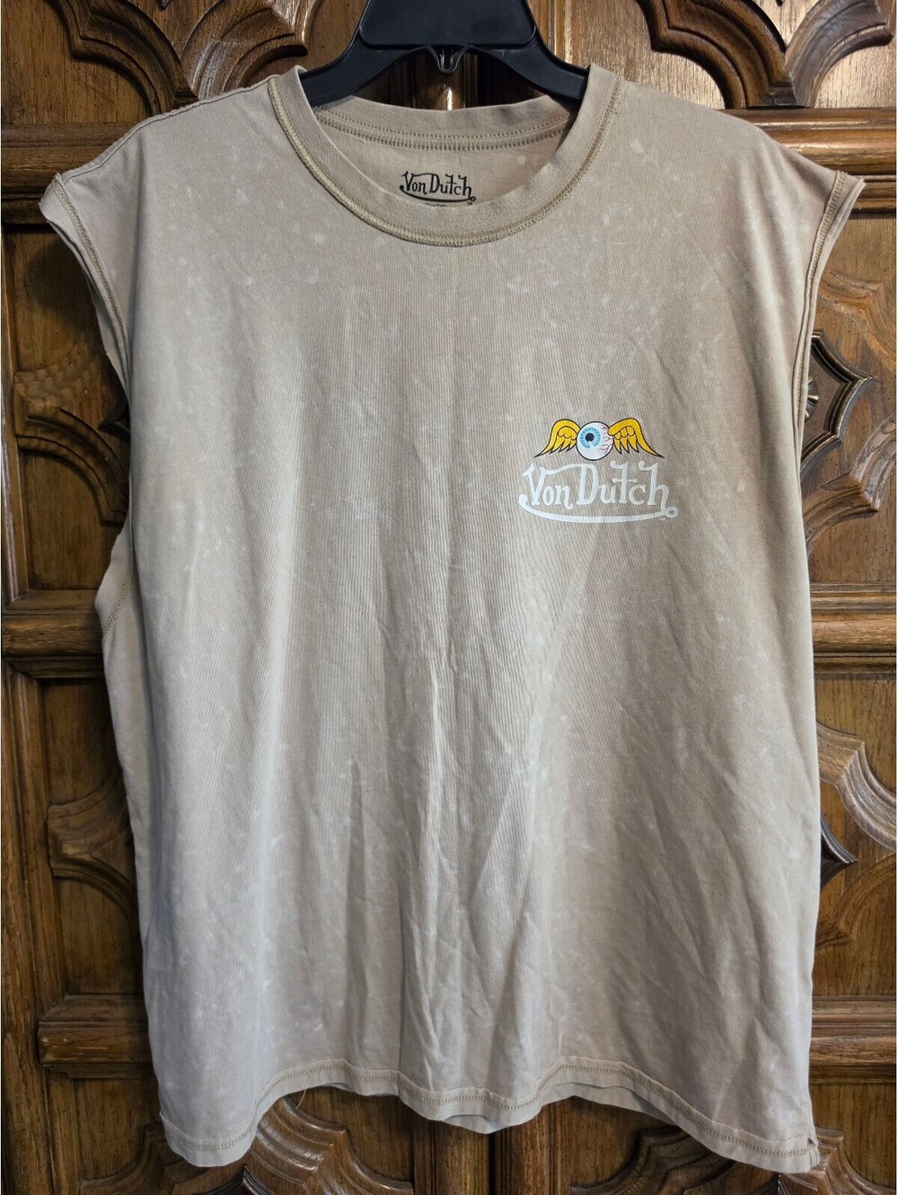 Von Dutch Flying Eyeball Sleeveless Tee, Tan Acid Wash, Size XL